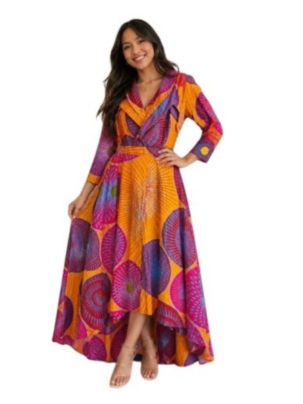 African-Inspired Wrap Maxi Dress With Vibrant Print Long Sleeves Size XXL